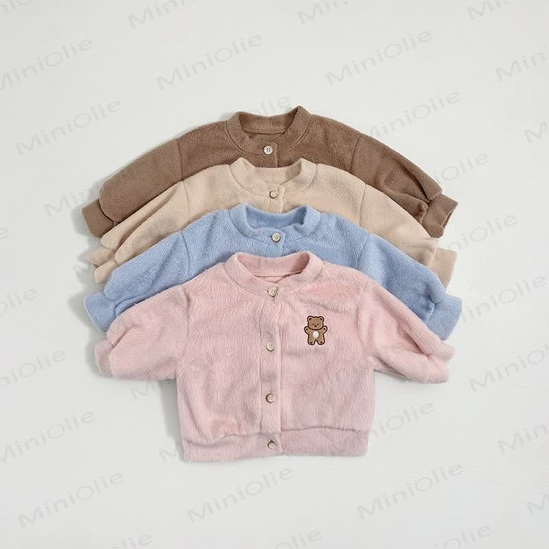Baby Cartoon Bear Embroidered Solid Color Fleece Warm Outerwear - image 1