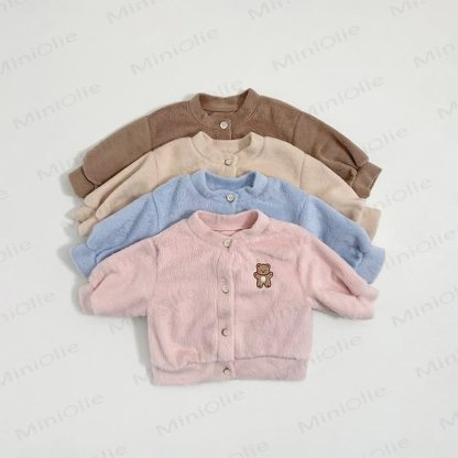 Baby Cartoon Bear Embroidered Solid Color Fleece Warm Outerwear - image 1