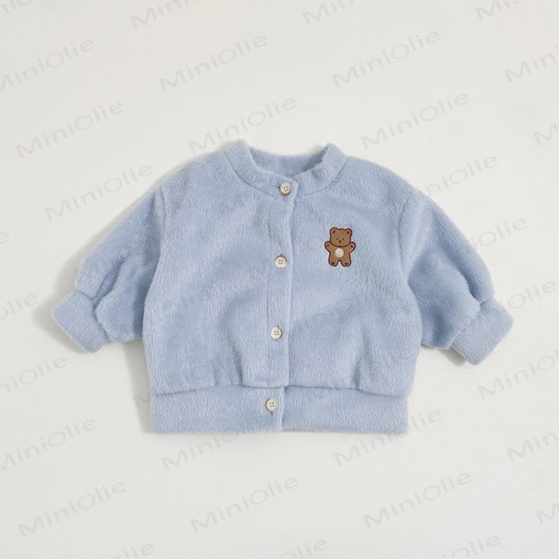 Baby Cartoon Bear Embroidered Solid Color Fleece Warm Outerwear - Blue - 2-3T - image 3