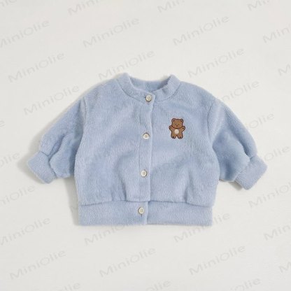 Baby Cartoon Bear Embroidered Solid Color Fleece Warm Outerwear - Blue - 2-3T - image 3