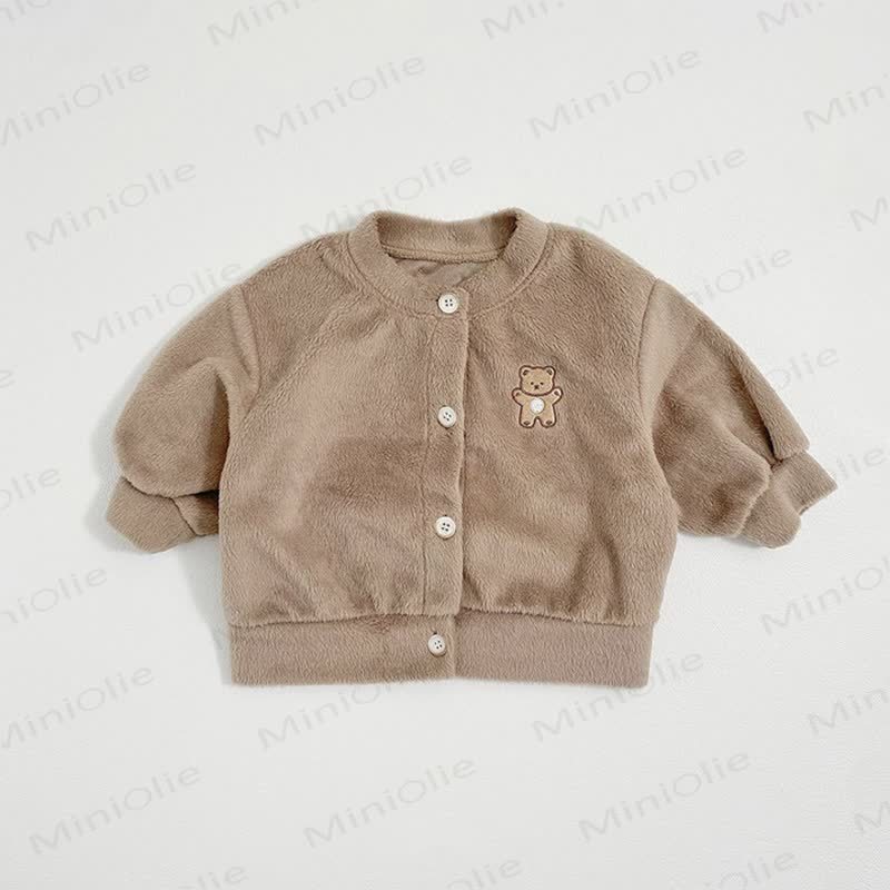 Baby Cartoon Bear Embroidered Solid Color Fleece Warm Outerwear - Brown - 2-3T - image 5