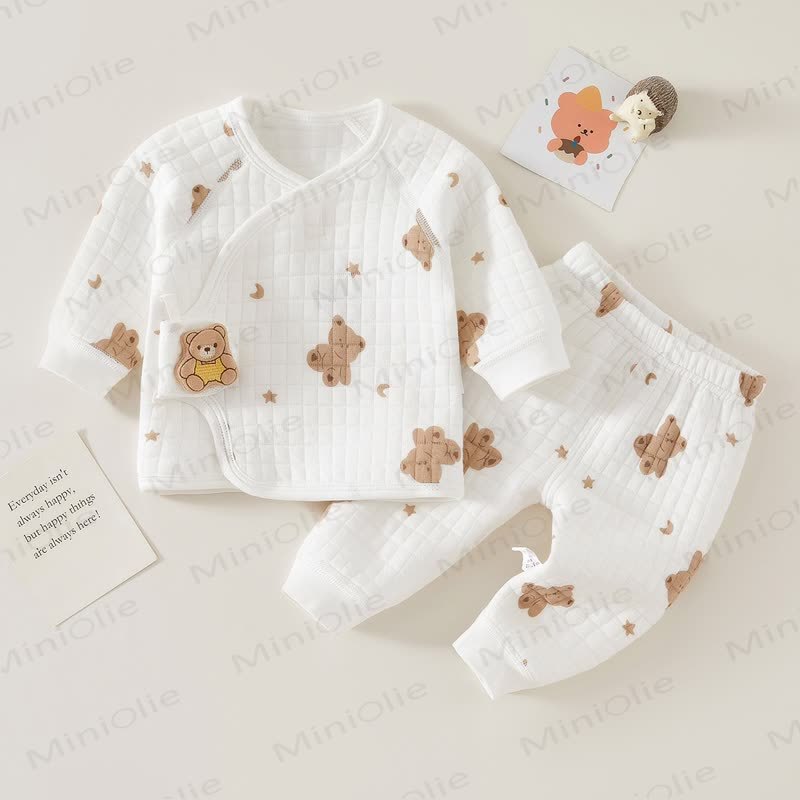 Baby Bear Print Pajamas Warm 2 Pieces Set - White - 3-6M - image 1