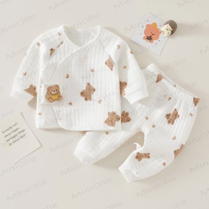 Baby Bear Print Pajamas Warm 2 Pieces Set - White - 3-6M - image 1