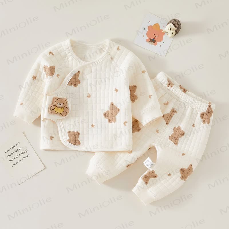 Baby Bear Print Pajamas Warm 2 Pieces Set - Beige - 3-6M - image 2