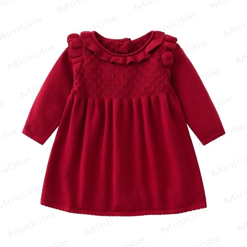 Baby Girl Ruffle Knit Solid Color Dress - Red - 2-3T - image 4