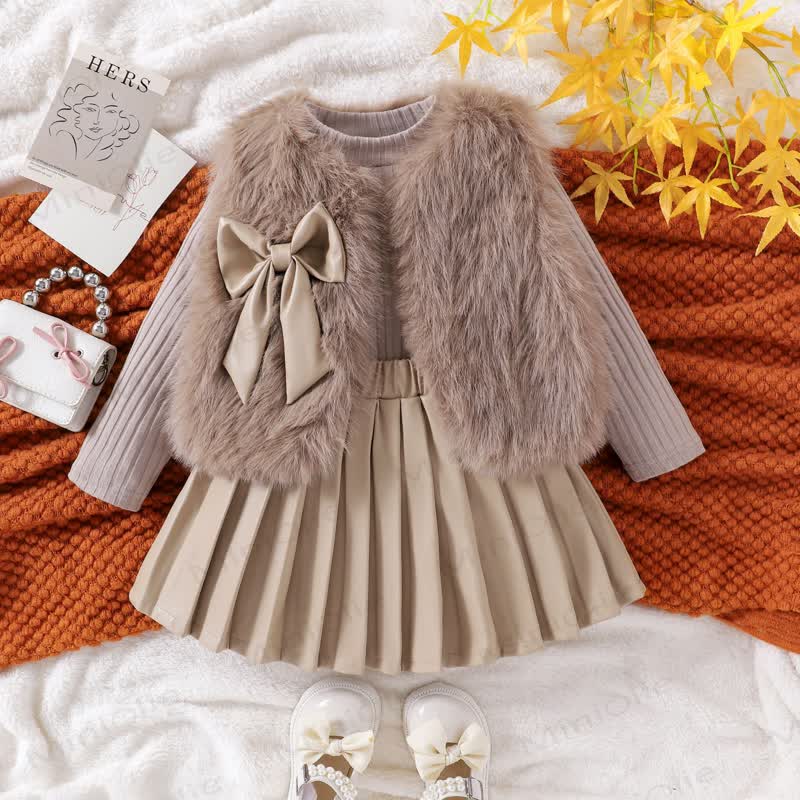 Toddler Kid Girl Solid Color Bow Fur Tank Top & Top & Skirt 3-piece Set - Khaki - 7Y - image 1