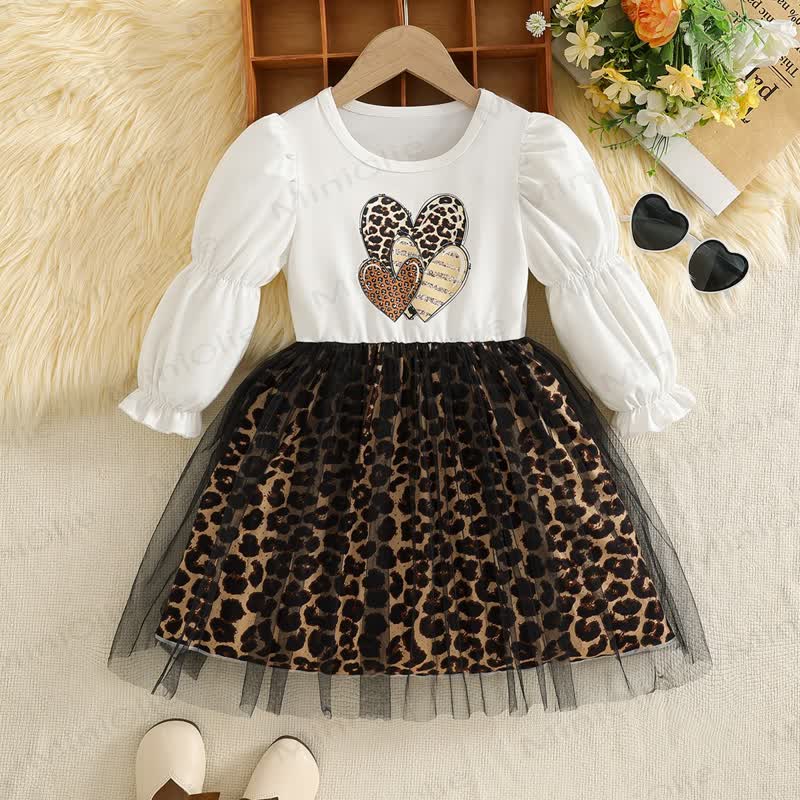 Toddler Kid Girl Love Leopard Print Spliced Yarn Dress - Leopard Print White - 9-10Y - image 1