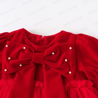 Baby Toddler Girl Bow Mesh Fleece Lined Dress - image 3