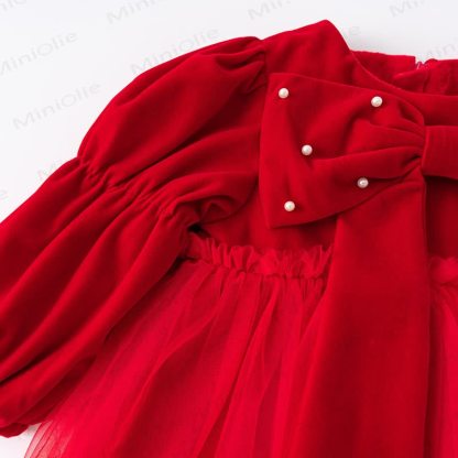 Baby Toddler Girl Bow Mesh Fleece Lined Dress - image 2