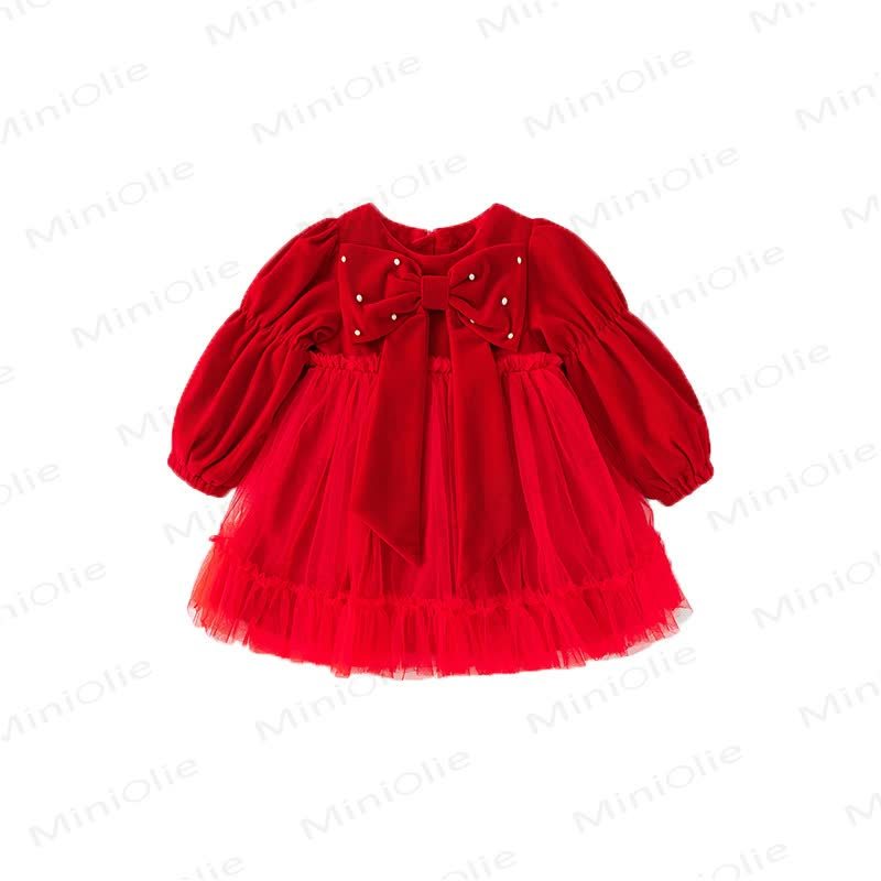 Baby Toddler Girl Bow Mesh Fleece Lined Dress - Red - 5-6T - image 1
