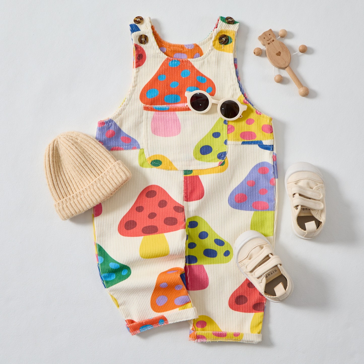 Baby Toddler Colorful Mushroom Beige Corduroy Overalls  - image 2