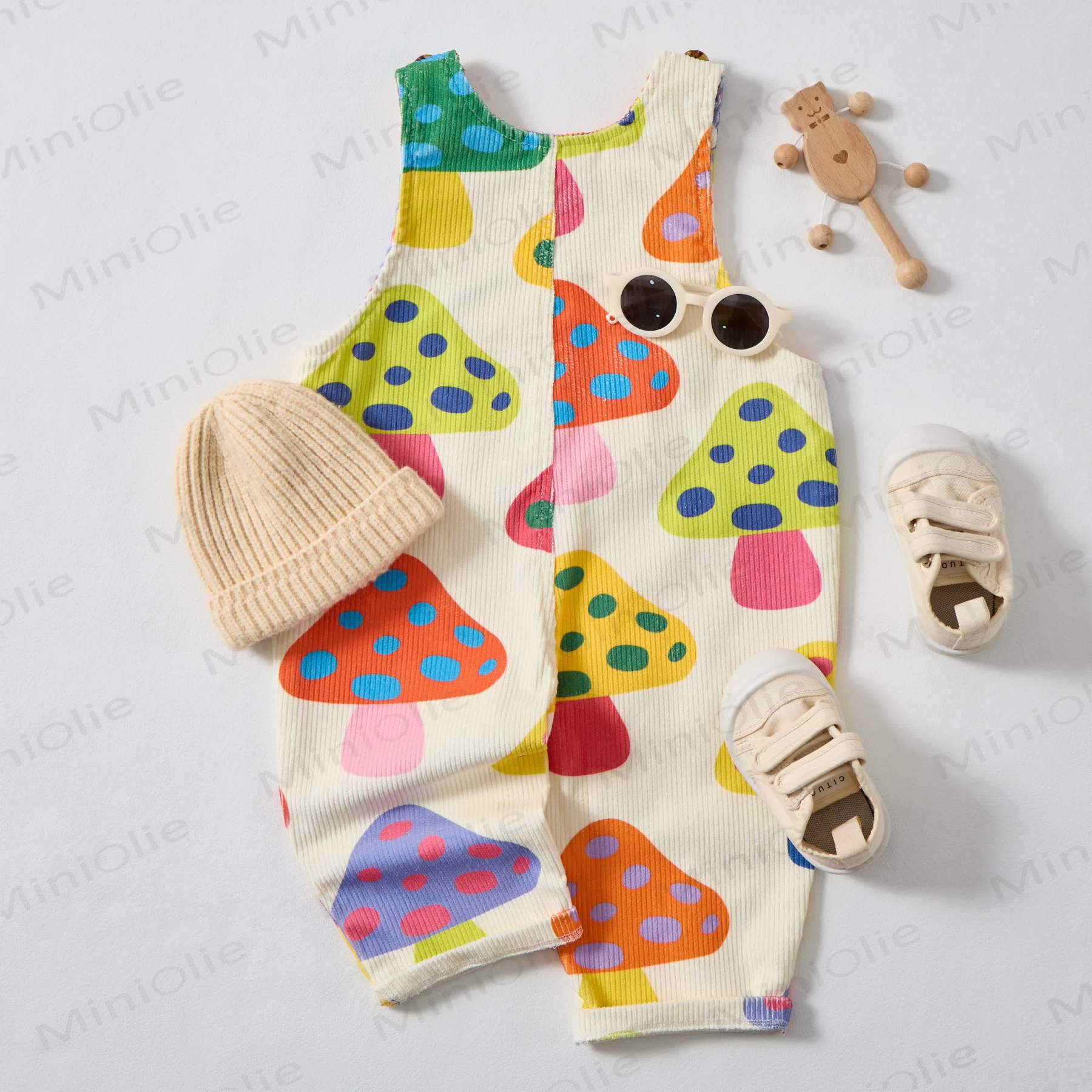Baby Toddler Colorful Mushroom Beige Corduroy Overalls  - image 8