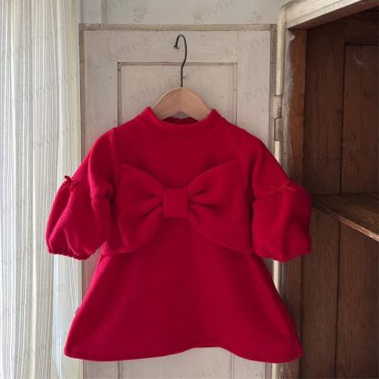 Toddler Girl Bow Solid Color Dress - Red - 4-5Y - image 4
