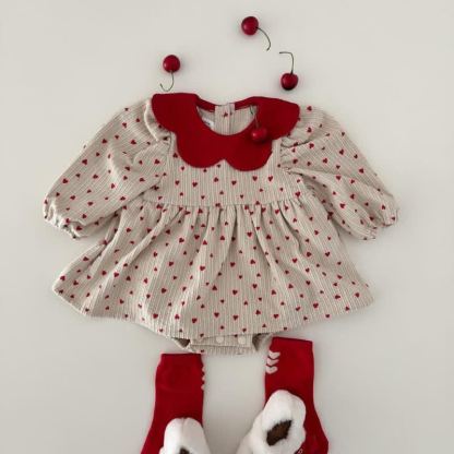 Baby Toddler Girl Cord Love Puff Sleeves Dress - Beige - 1-2Y - image 1