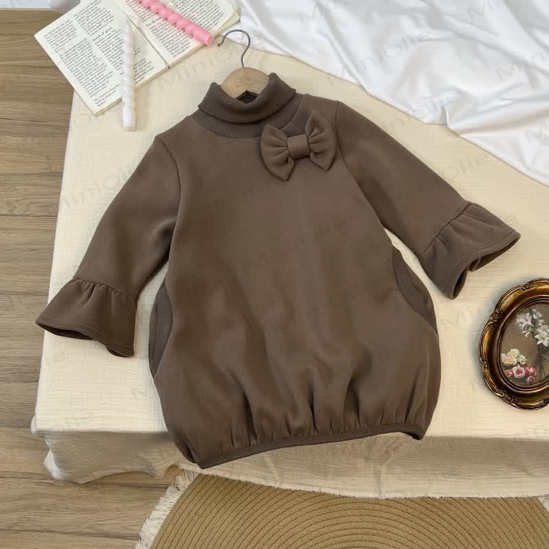 Toddler Girl 3D Bow Solid Color Puff Sleeve Dress - Coffee - 5-6Y - image 2