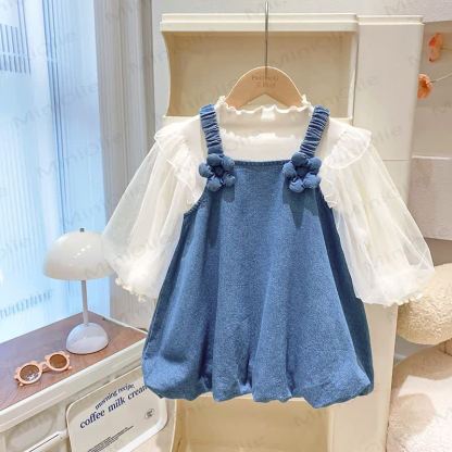 Baby Toddler Girl Denim Flower Sleeveless Dress - Blue Dress & White Top - 5-6Y - image 1