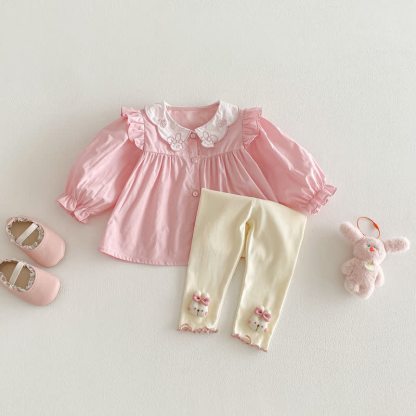 Baby Toddler Girl Bunny Pink Top/Beige Bow Leggings - image 2