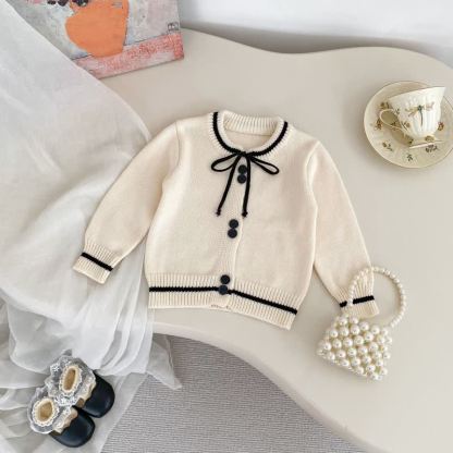 Baby Toddler Girl Knit Bow Cardigan/Black Pants/Stripe Pants - White Cardigan - 5-7T - image 3