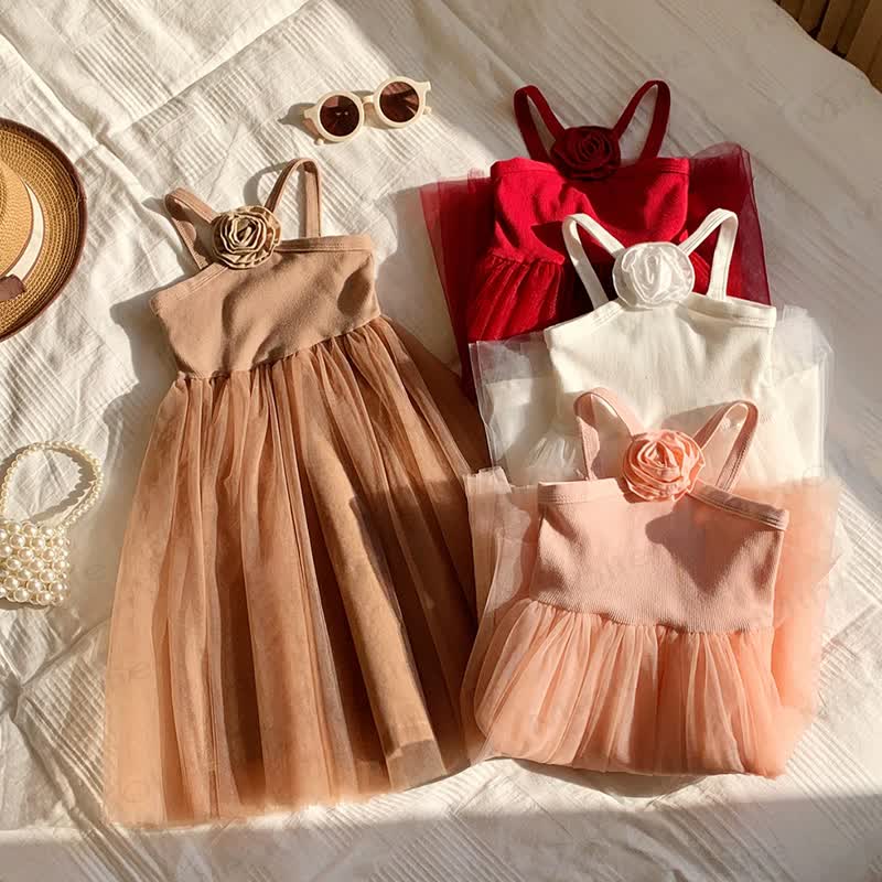 Toddler Girl Flower Mesh Solid Color Dress - image 1