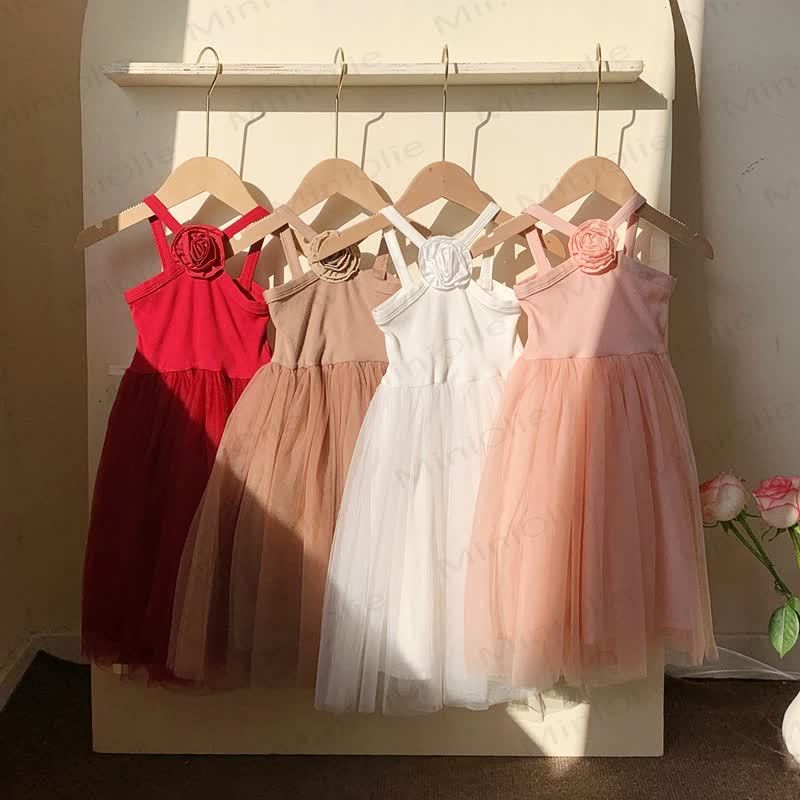 Toddler Girl Flower Mesh Solid Color Dress - image 2