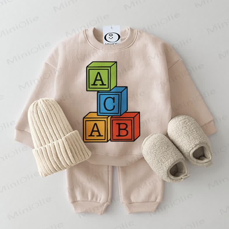 Baby ABC Block Sweatshirt 2-piece Beige Set - Beige - 2-3T - image 1