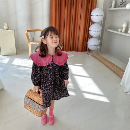 Baby Toddler Girl Flower Lapel Dress - Black Pink - 6-7T - image 1