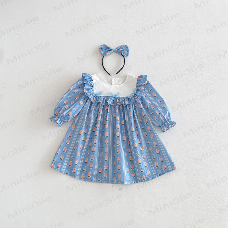 Toddler Kid Girl Flower Bow Stripe Dress - Blue - 10Y - image 1