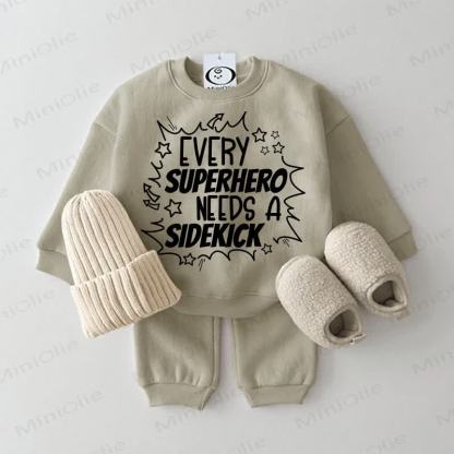 EVERY SUPERHERO NEEDS A SIDEKICK/SIDEKICK Baby Sweatshirt 2-piece Grey Green Set - Superhero - 2-3T - image 1