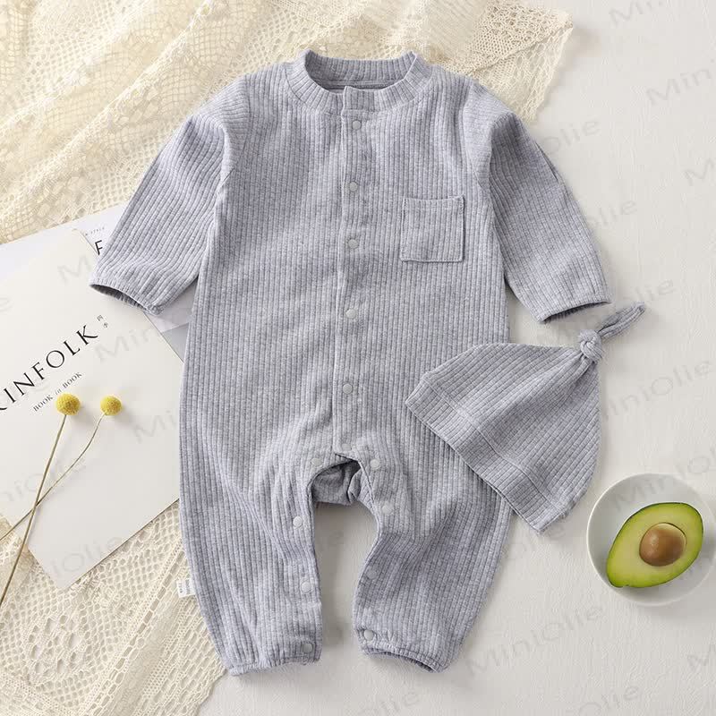  Baby Solid Color Ribbed Romper with Hat - Grey - 18-24M - image 4