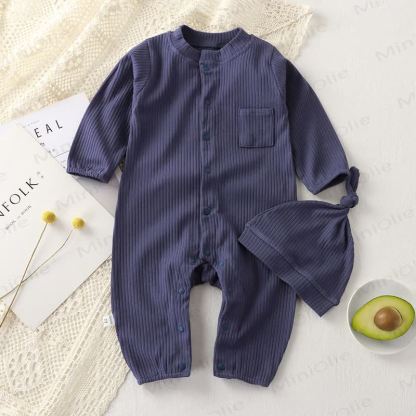  Baby Solid Color Ribbed Romper with Hat - Blue - 18-24M - image 5