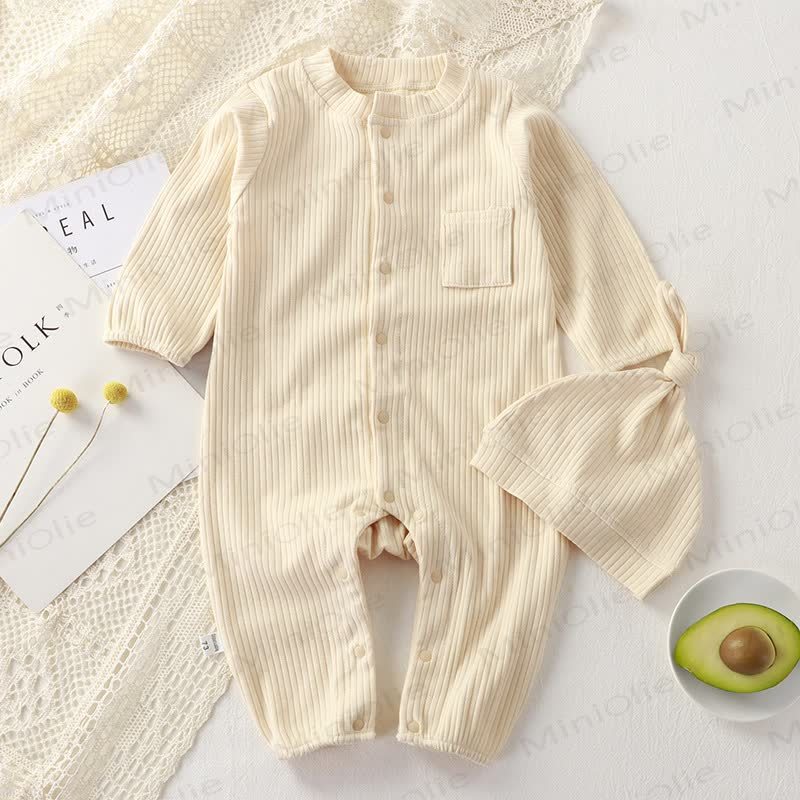  Baby Solid Color Ribbed Romper with Hat - Beige - 18-24M - image 3