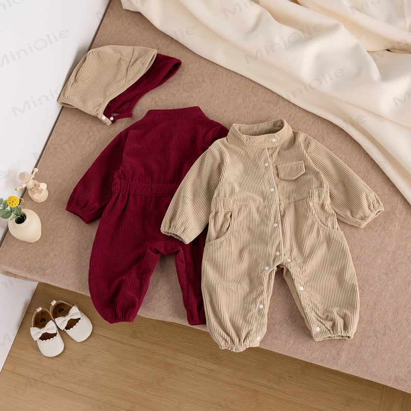 Baby Corduroy Solid Color Romper with Hat - image 2