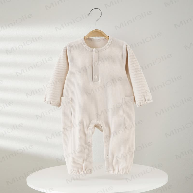 Baby Solid Color Ribbed Double Pocket Romper - Beige - 18-24M - image 10