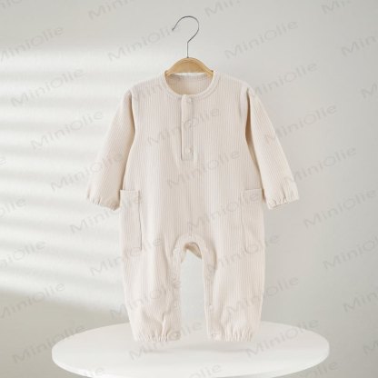 Baby Solid Color Ribbed Double Pocket Romper - Beige - 18-24M - image 10