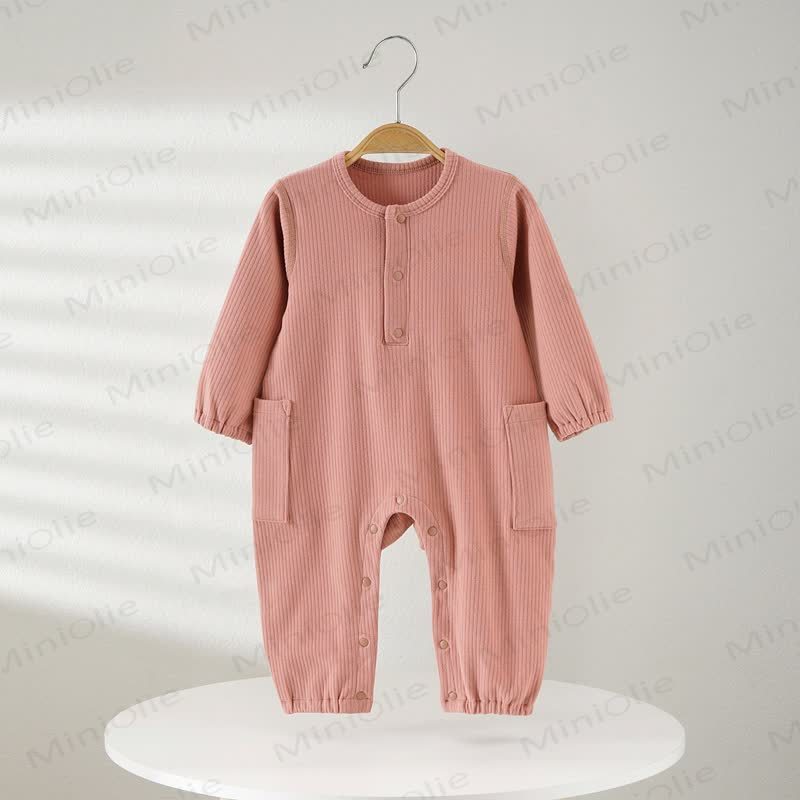 Baby Solid Color Ribbed Double Pocket Romper - Pink - 18-24M - image 2