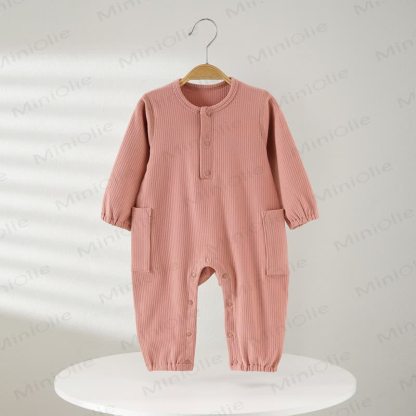 Baby Solid Color Ribbed Double Pocket Romper - Pink - 18-24M - image 2