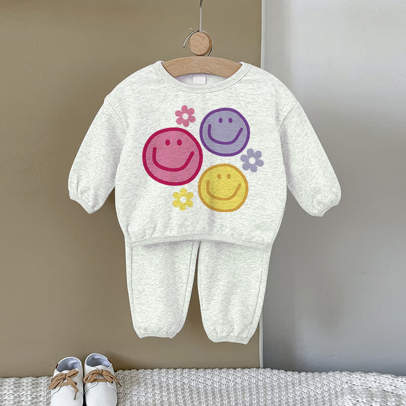 Baby Multicolor Smiley Flower Gray Sweatshirt 2-piece Set - Gray - 2-3T - image 1