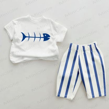 Baby Fish Bones Blue Vertical Striped 2-piece Set - White&Blue - 2-3T - image 1