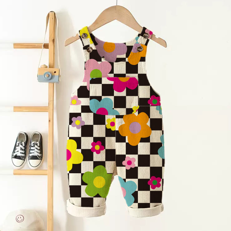 Baby Toddler Checkerboard Colorful Flowers Corduroy Overalls  - Beige - 3-5T - image 1