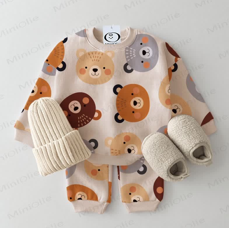 Baby Multicolor Bear Heads Sweatshirt 2-piece Beige Set - Beige - 2-3T - image 1