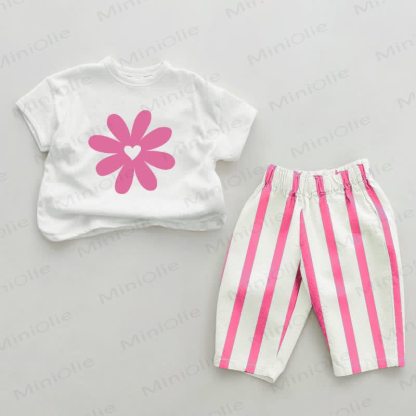 Baby Sunflower Heart Pink Vertical Striped 2-piece Set - White&Pink - 2-3T - image 1