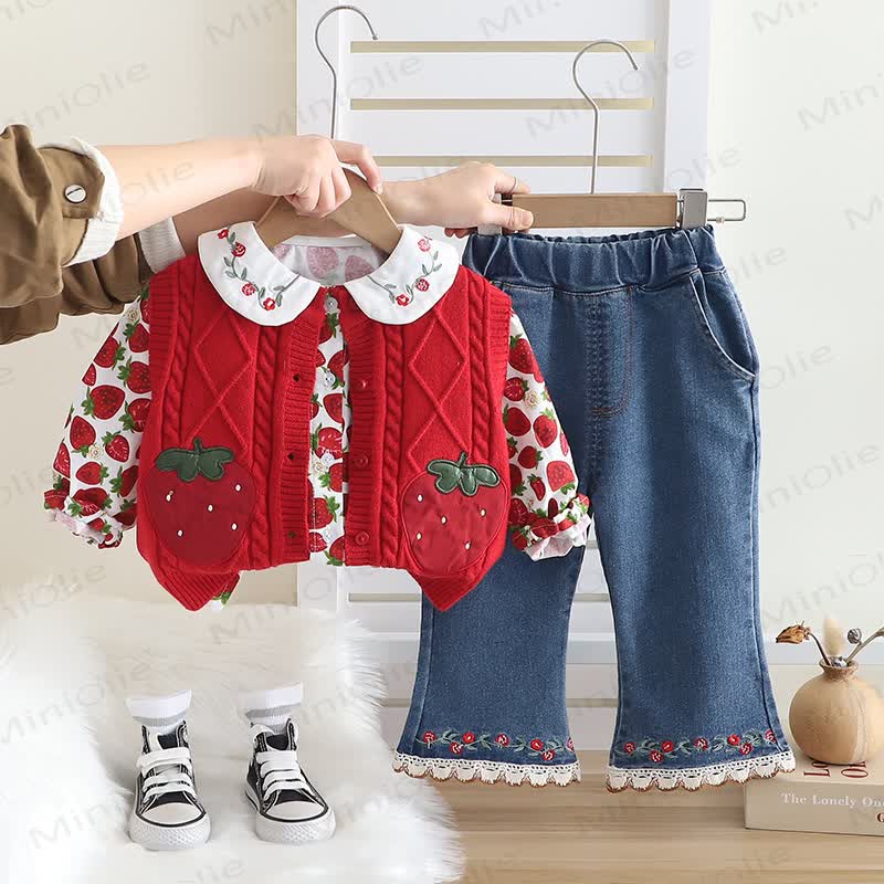 Baby Toddler Girl Strawberry Flower 3-piece Knit Set - Red - 5-7T - image 3