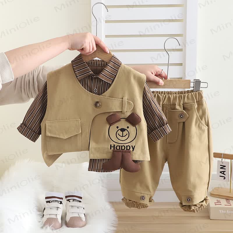 HAPPY Baby Toddler Boy Stripe Dog 3-piece Knit Set - Khaki - 5-7T - image 2