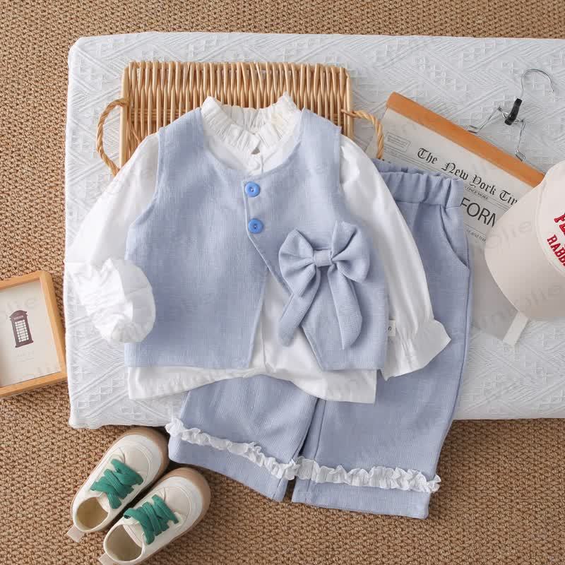 Baby Toddler Girl Solid Color Bow 3-piece Woven Set - Blue - 5-7T - image 3