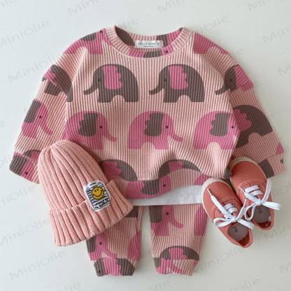 Baby Waffle Pink & Grey Elephants Sweatshirt 2-piece Set - Pink - 18-24M - image 1