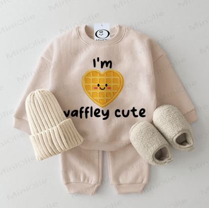 I'M WAFFLEY CUTE Baby Sweatshirt 2-piece Beige Set - Beige - 2-3T - image 1