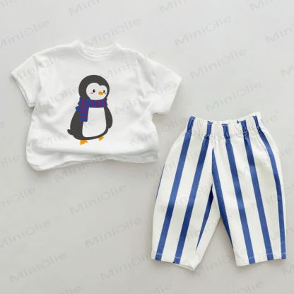 Baby Cute Scarf Penguin Blue Vertical Striped 2-piece Set - White&Blue - 2-3T - image 1