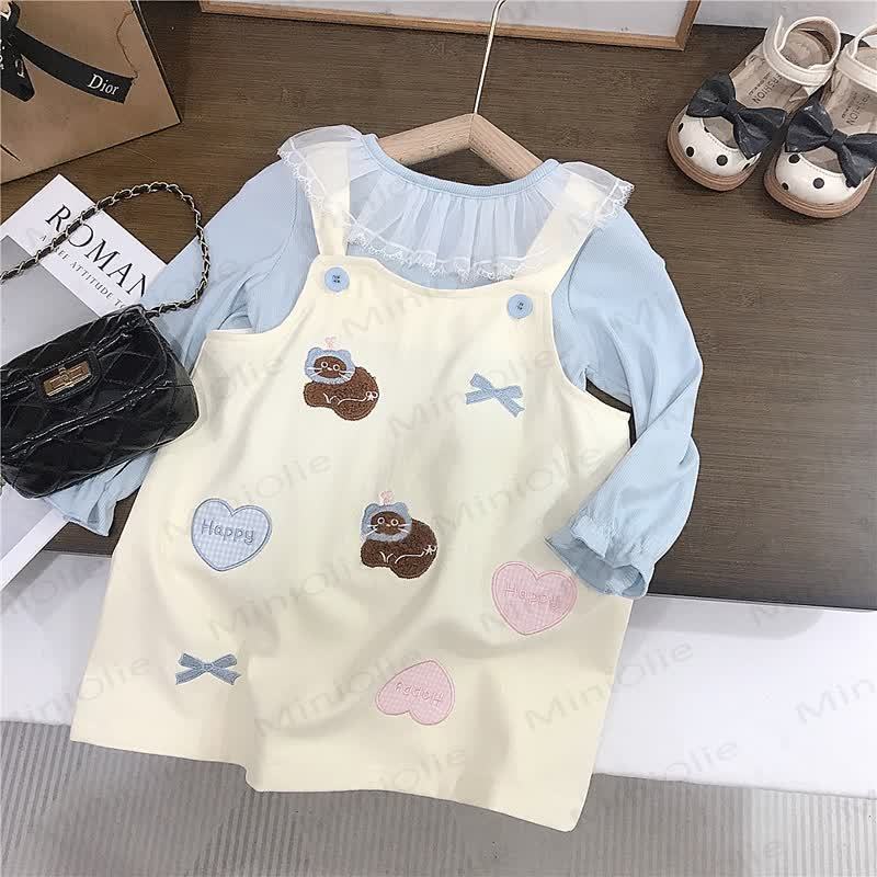 HAPPY Toddler Kid Girl Bow Plaid Love Cat Beige Dress & Blue Top - image 2