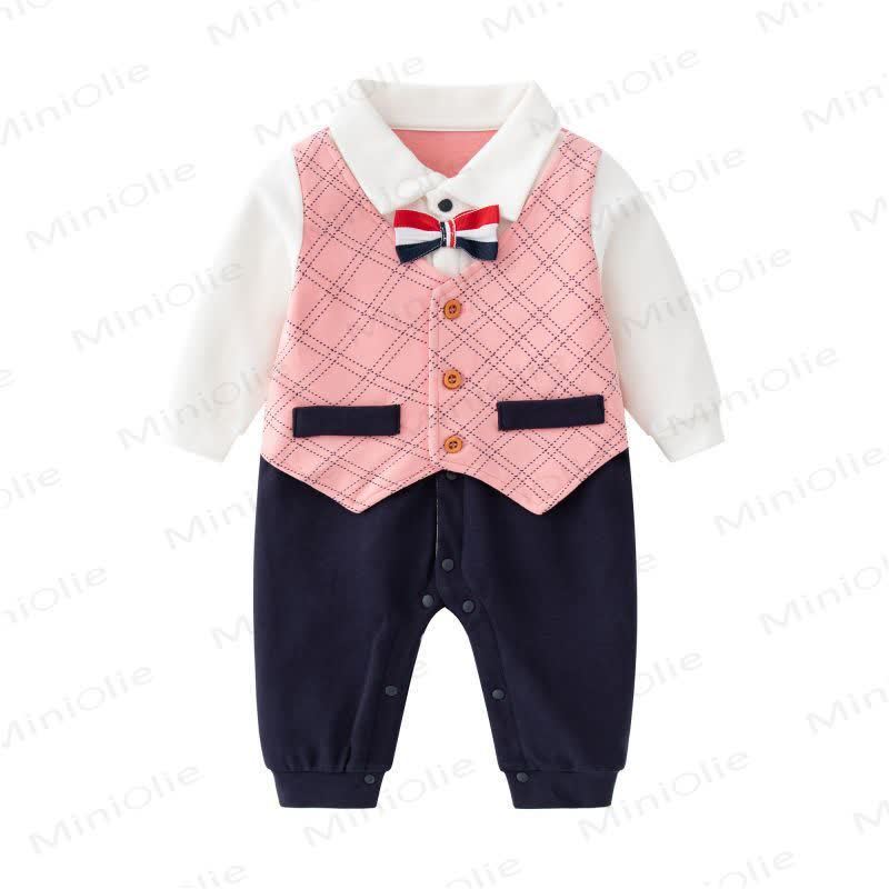 Baby Plaid Bow Tie Fake 2pcs Romper - Pink - 12-18M - image 1