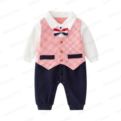 Baby Plaid Bow Tie Fake 2pcs Romper - Pink - 12-18M - image 1